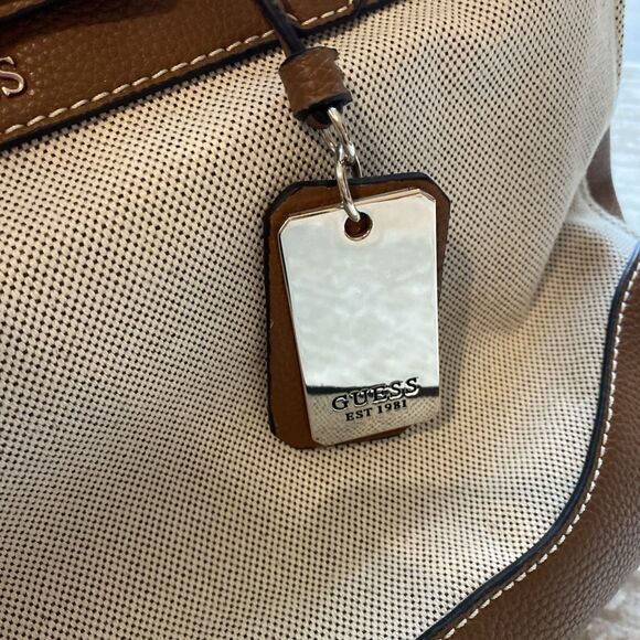 GUESS Raffie Carryall Purse Shoulder Strap Zip Pockets Brown Tan Camel Tote Bag - Picture 5 of 10